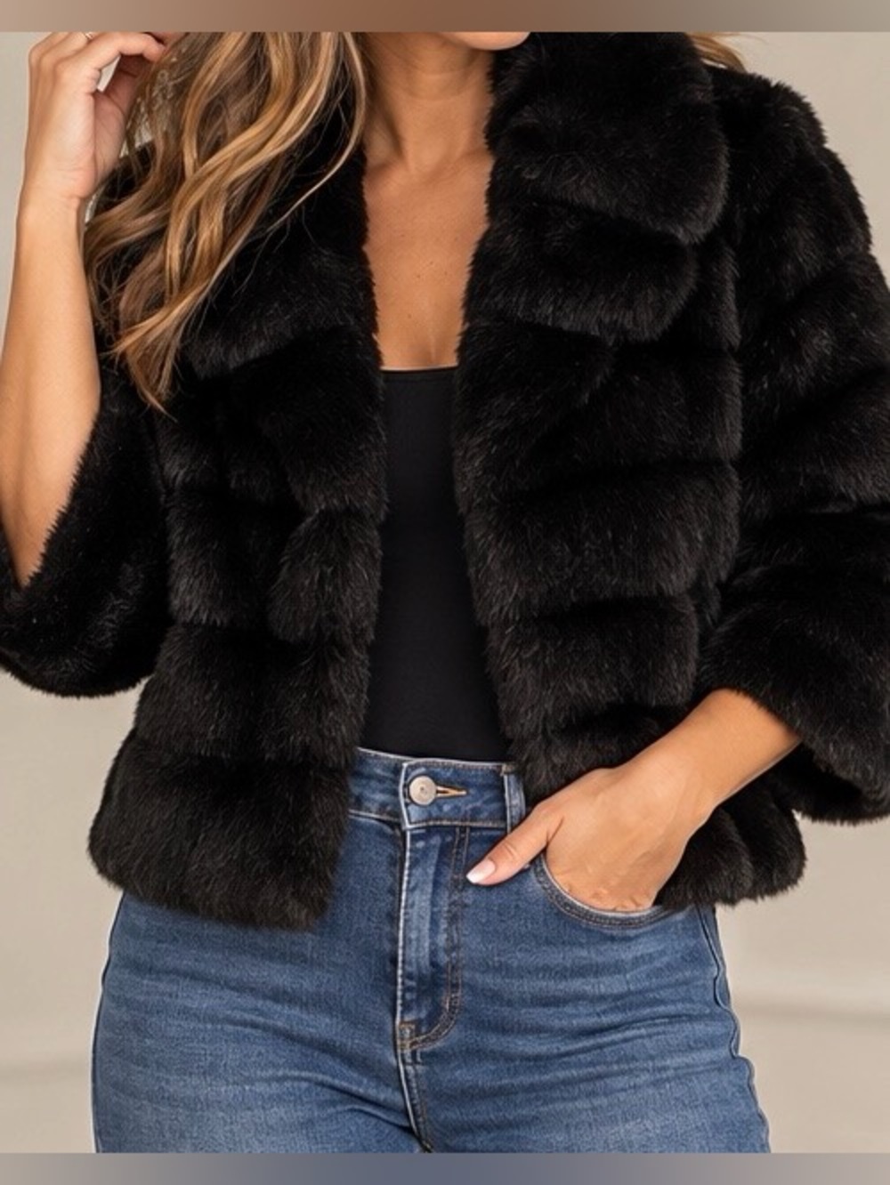 Calvin Klein Black Cropped Faux Fur Teddy Jacket
